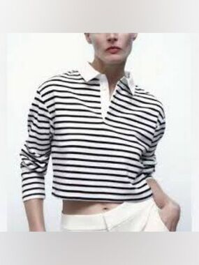 Zara | Black & White Striped Polo Croped Cotton Knit Lightweight Top
